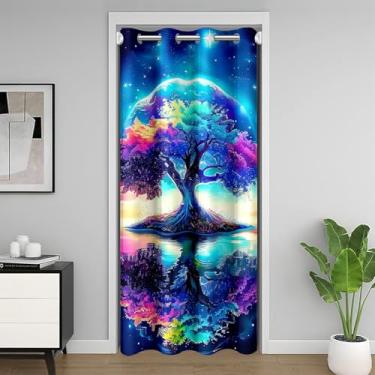 Imagem de Cortina de porta de árvore da vida, cortina de porta de armário aurora galáxia estrelada para quarto sala de estar, cortina de escurecimento de quarto de árvore colorida cortina azul roxa dourada, L