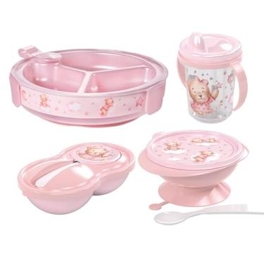 Imagem de Kit Alimentação Bebê 4 Peças, Prato Térmico com Divisórias, Tigela com Ventosa, Pote Papinha e Caneca, Rosa Menina