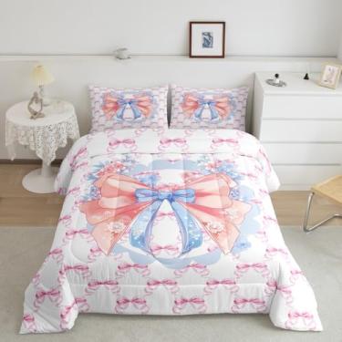 Imagem de jejeloiu Conjunto de cama com laço rosa macio para meninos e meninas, conjunto de edredom com laço azul, tamanho solteiro, fofo, flor, edredom estilo princesa, 2 peças com 1 fronha