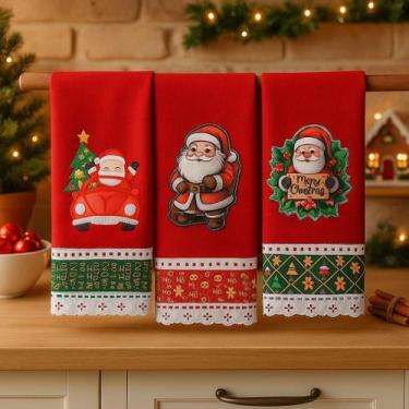 Imagem de Pano de Prato Bordado NATAL Patchwork Kit 3 unidades Vermelho - Santa 