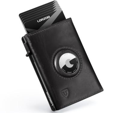 Imagem de LORZOR Carteira AirTag – couro de flor integral, carteira masculina minimalista com suporte para Apple Air, capa para cartão pop-up inteligente, janela para identidade, bloqueio RFID, bolso frontal