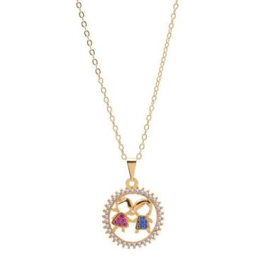 Imagem de Colar Filhos Casal Strass Colorido Folheado A Ouro 18k - Milena Joias