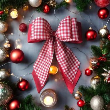 Imagem de 6 laços arvore de natal guirlanda presente/laço GRANDE triplo artesanal enfeite natalino decoração (Xadrez Vermelho com Branco)
