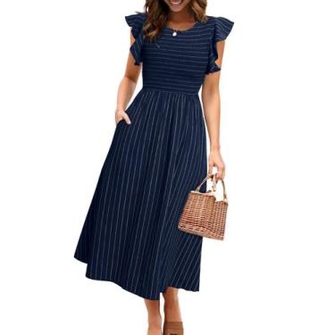 Imagem de Vestido Simplee feminino listrado midi com babados, mangas curtas, azu