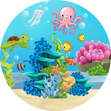 Imagem de Painel de Lona Redondo Fundo do Mar Animais Felizes Cute Coral - Fabri
