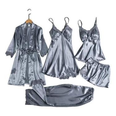 Imagem de Conjunto de pijama feminino de cetim, 5 peças com painéis de renda, ca