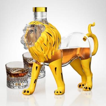 Imagem de Conjunto de decantador de uísque de leão com 2 copos, garrafa de uísque de vidro criativa feita à mão, conjunto de decantadores de licor para homens, pai, marido, irmão, rapazes, namorado, aniversário