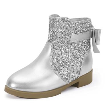Imagem de PANDANINJIA Botas infantis modernas para meninas, botas de cano curto, com laço e zíper lateral, Lantejoulas prateadas, 17