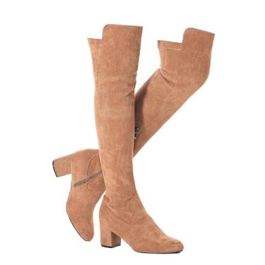 Imagem de N.N.G Botas femininas acima do joelho até a coxa camurça preta bloco baixo 5 cm salto grosso acima do joelho inverno bico fino, MarromSalto de 6,5 cm, 37