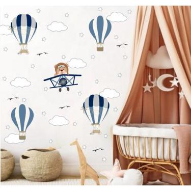 Imagem de adesivo de parede ursinho aviador com balões azul escuro urso piloto d
