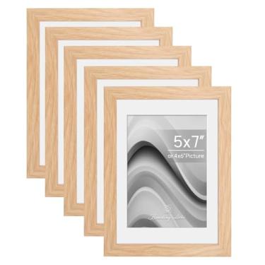 Imagem de Conjunto de 5 porta-retratos para embarque, 12 x 17 cm, exiba imagens 10 x 15 cm com tapete ou 13 x 18 cm sem tapete, moldura de mesa e galeria de parede (carvalho natural)