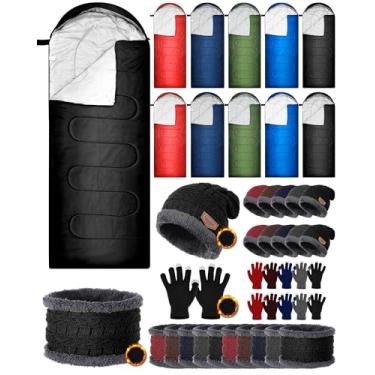 Imagem de Shyyween Conjunto de 10 sacos de dormir para adultos com 10 luvas de chapéu de inverno lenços a granel, forro de algodão impermeável, saco de dormir, luvas de tela sensível ao toque para mochilão