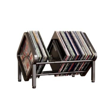 Imagem de Bepuo Armazenamento de discos de vinil, suporte de disco de vinil escalável de 80-100 LPs, organizador de estilo retrô, rack de armazenamento de álbum de metal para revistas, arquivos, livros, álbuns