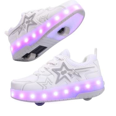 Imagem de Tênis de patins para crianças, meninos, meninas, moderno, divertido, com rodinhas, Branco, 1 Little Kid