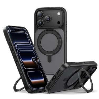 Imagem de NIMASO Capa para iPhone 17 Pro com suporte de anel giratório de 360°, compatível com MagSafe, proteção de grau militar à prova de choque, traseira fosca translúcida, capa de telefone com suporte