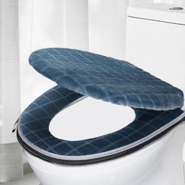 Imagem de Conjunto de capa de assento de vaso sanitário e tampa de vaso sanitário, almofada de assento de vaso sanitário macia com zíper ajustável suporte de borracha aquecedor de assento de vaso sanitário