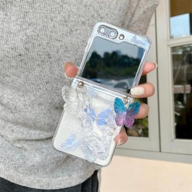 Imagem de Capa para Samsung Galaxy Z Flip6 com estampa 3D de borboletas e flores, com alça de pulso e proteção de dobradiça, capa rígida transparente (para Samsung Galaxy Z Flip6/B)