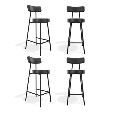 Imagem de Kit 04 Banquetas Alta Cozinha Kobe Estofada com Encosto Couríssimo Preto - Desk Design