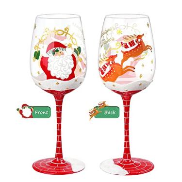 Imagem de NymphFable Taça de vinho pintada à mão, 425 g, Papai Noel, alce, cervo, floco de neve, presente de Natal para amigos da família (1 peça)