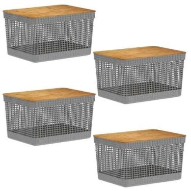 Imagem de 4x Cestos 20L Organizador OU Grid Cinza com Tampa de Bambu