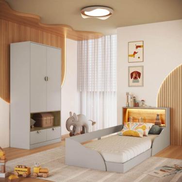 Imagem de Quarto Infantil Cama Solteiro Montessoriana Led Guarda Roupas CJ079 Lille