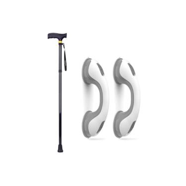 Imagem de Kit de Mobilidade e Segurança – Bengala Dobrável Ajustável + Barra de Apoio Portátil com Ventosas para Fixar em Paredes, Maior Segunça para se Levantar