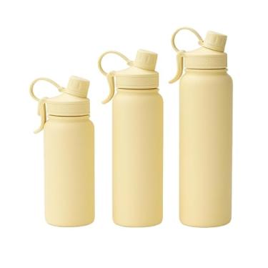 Imagem de Garrafa Térmica Premium Aço Inoxidável 304 (aço inoxidável 18/8) Grip Emborrachado Alça flexível Academia Trabalho Esporte (Creme, 650ml)