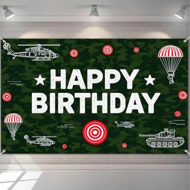 Imagem de HOMETITUTE Banner vintage de feliz aniversário com tema militar com paraquedista de tanque de helicóptero e alvo para decoração de aniversário de meninos festivos internos e externos, fundo