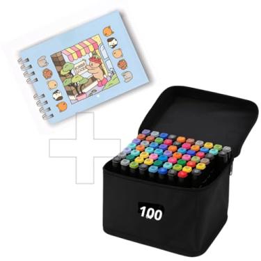 Imagem de Kit Caneta Marcador 100 Cores Ponta Dupla + Livro De Colorir capa AZUL 50 Folhas 180G Capa Dura – Arte Criativa Para Todos: Crianças, Estudantes E Artistas Presente