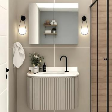 Imagem de Gabinete Banheiro Ripado Mdf com Curvo Cuba Ardósia Espelho (Santiago/Branco)