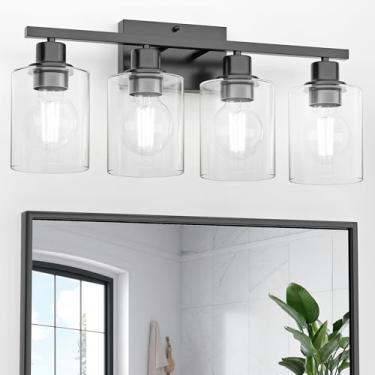 Imagem de Dekang Luzes de banheiro sobre o espelho, 4 luzes pretas para banheiro, arandela de parede moderna antiferrugem de 61 cm, base E26 padrão, persianas de vidro transparente, lâmpadas não incluídas