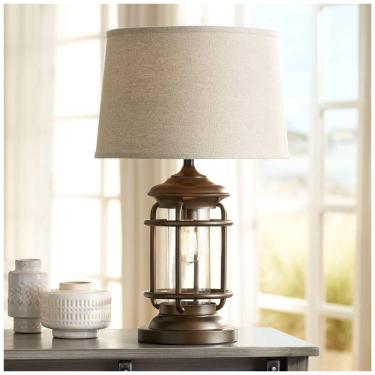 Imagem de Luminária de Mesa Vintage em Metal com USB e Abajur de Tecido, FRANKLIN IRON WORKS 45P79, Marrom
