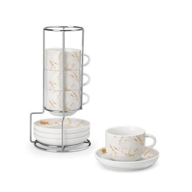 Imagem de MALACASA Conjunto de 4 xícaras de café expresso de porcelana com pires e suporte de metal, mármore branco