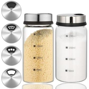 Imagem de Aiareozy Pacote com 2 saleiros e pimenteiros, potes de tempero de 200 ml com tampas de coqueteleira, vidro para saleiro com orifícios ajustáveis, recipientes de tempero de aço inoxidável, garrafas de