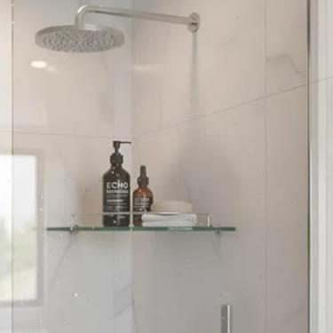 Imagem de Prateleira de Canto 20x20 cm – Porta Shampoo para Banheiro com Parafusos e Fendas