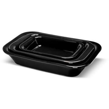 Imagem de Kit 3 Travessas Refratárias Assadeira Cerâmica Retangular Multiuso para Servir, Forno, Micro-ondas - E-FCS Store (Preto)