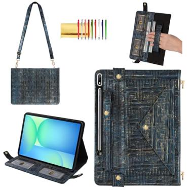 Imagem de Capa de mão para Samsung Galaxy Tab S10 FE+ 2025 33.3 cm - Techcircle Vintage Maze Pattern Crossbody Folio Stand Cover com suporte para caneta/cartão, alça de mão/ombro, azul marinho retrô