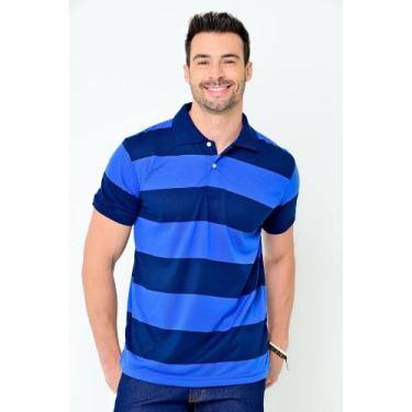 Imagem de Camisa Gola Polo Rick Masculina Listrada Slim Camisaria Colombo, Azul 