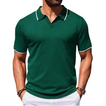 Imagem de Camisa polo masculina COOFANDY, manga curta, verde, estilo retrô