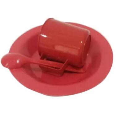 Imagem de Kit Merenda Escolar Vermelho Prato Colher Caneca Plástica 300 ML - 12 
