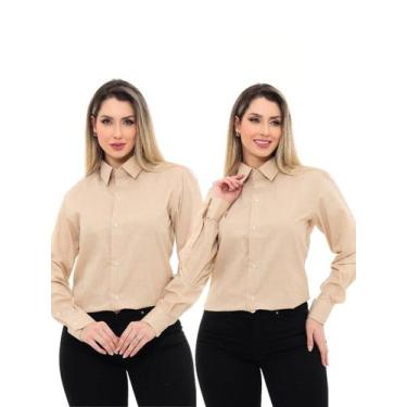 Imagem de KIT 2 Peças - Camisa Social Feminina Premium Tipo Linho Bege - Pthiril