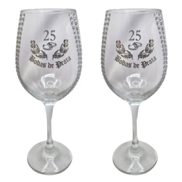 Imagem de Kit 2 Taças Vidro Bodas de Prata 25 Anos Luxo + Presente