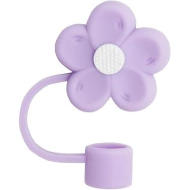 Imagem de Capa de palha de silicone de flor roxa para Stanley Cup Acessórios de 40 e 850 g, tampa de palha de flor fofa de 10 mm para copos de 1,134 g, topo de palha reutilizável para copos