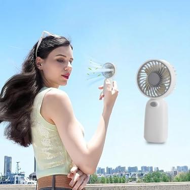 Imagem de Ventilador portátil portátil com 2 pilhas AAA, pequeno ventilador operado por bateria com cordão, design bonito para mesa, viagem, escritório, ao ar livre, cinza