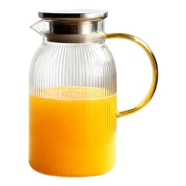 Imagem de Jarra De Vidro Borossilicato Canelada Com Tampa Aço Inox 1,8L Suco Água Buffet Bar(Canelado 1,5L Alça Dourada)