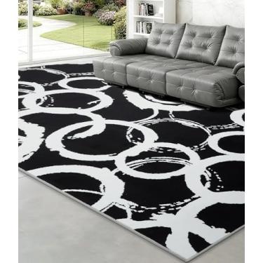 Imagem de YIHOUSE Tapete geométrico moderno preto 20 x 25 cm, preto e branco com círculos abstratos, tapetes laváveis que não caem para quarto, escritório em casa e sala de estar