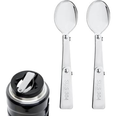 Imagem de 2 colheres dobráveis para THERMOS FUNTAINER, pote de comida, 473 ml, substituição de colher, aço Staninless, dobrável, metal, porção de metal, compatível com THERMOS FUNTAINER