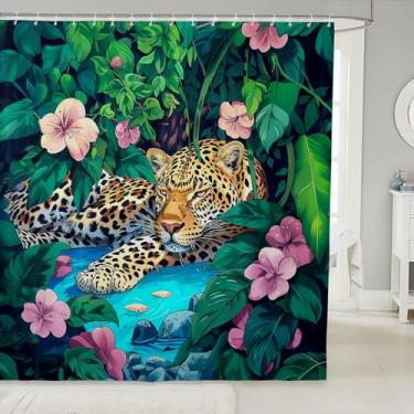 Imagem de Cortina de banheiro com desenho animado de guepardo, flores rosa, folhas verdes, aquarela, para crianças, adolescentes, adultos, água azul, animal selvagem, animal selvagem, cortina de banho para