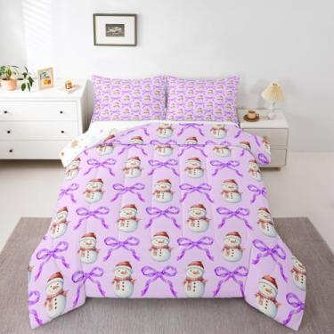 Imagem de Feelyou Conjunto de edredom de Natal roxo para crianças, fofo, boneco de neve, para meninos, meninas, adolescentes, kawaii, laço, inverno, férias, edredom para decoração de quarto