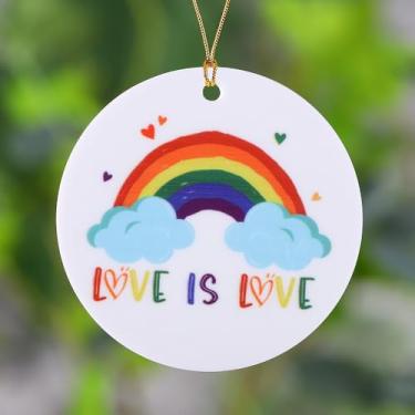 Imagem de Ornamentos para pendurar o Dia do Orgulho para 1 peça Love is Love Acrílico Padrão Arco-íris Redondo Festa de Férias Exterior Interior Decoração